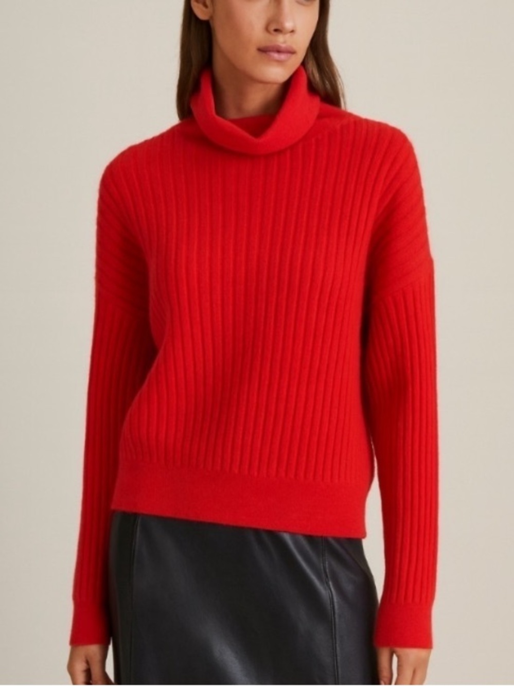 Reiss - Clarisse Red Ribbed Turtleneck Cotton Wool Blend Pullover Sweater